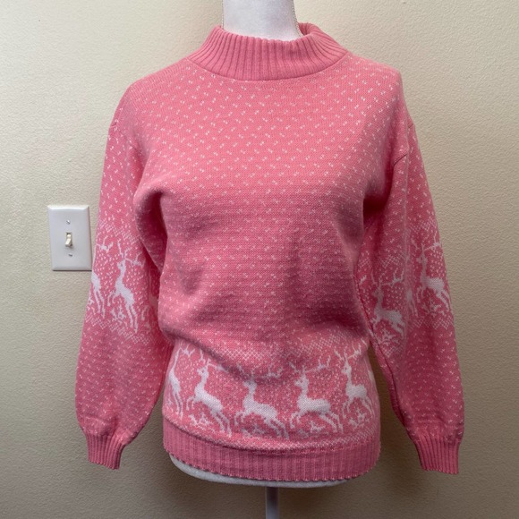 VTG Pink Holiday Print Acrylic Made In The USA Sweater - Picture 5 of 10